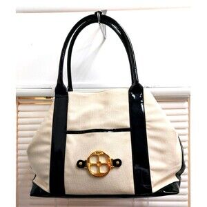 IMAN Shoulder Handbag Cream Canvas Black Patent Leather Large